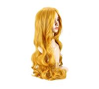 PLAFOPE Long Wave Curly Wig with Bangs Colorful Yellow Cosplay Hair Heat Resistant Lace Wig for Daily Wear for Stage Performance and Fashionable Looks