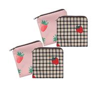 PLAFOPE Sanitary Napkin Organizer 4pcs Portable Period Bag Waterproof Zipper Pouch Cute Strawberry Print Grid for Girls Student Travel Storage