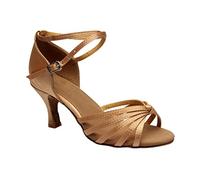 PLAFOPE Women Latin Dance Shoes Satin High Heel Open Toe Party Ballroom Dancing Shoes Size 36 Deep Nude 7cm Heel