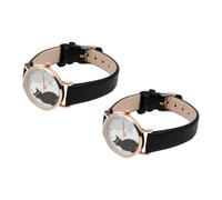PLAFOPE Women Wrist Watches Black 2 Pcs Belt Watch Kitten Pattern | Imitation Leather, Zinc Alloy, Adjustable Band, Precise Movement, Birthday Gift for Friends Outdoors