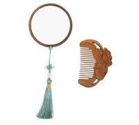 PLAFOPE Wood Comb and Vintage Hand Mirror Set with Hand-carved Patterns and Tassel Lightweight Portable Grooming Kit for Travel Home Office and Daily Use