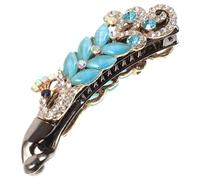 PLAFOPE Zinc Alloy Banana Hair Clip with Rhinestone and Cat Eye Stones Elegant Vintage Hair Accessory for Women Ponytail Holder for Special Occasions and Daily Wear Blue Peafowl Design