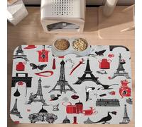 PLAGDECNA Absorbent Pet Feeding Mat, Large Dog & Cat Food Mat With Quick-Dry Pu Leather & Anti-Slip Base, French Fashion Model Ferrets Pet Placemat For Water/Food Bowls & Automatic Feeders, 60x40cm