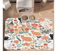 PLAGDECNA Absorbent Pet Feeding Mat, Large Dog & Cat Food Mat With Quick-Dry Pu Leather & Anti-Slip Base, Funny Cats Birds Flowers Pet Placemat For Water/Food Bowls & Automatic Feeders, 60x40cm