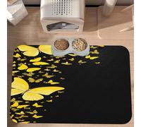 PLAGDECNA Absorbent Pet Feeding Mat, Large Dog & Cat Food Mat With Quick-Dry Pu Leather & Anti-Slip Base, Gold White Butterflies Black Pet Placemat For Water/Food Bowls & Automatic Feeders, 60x40cm