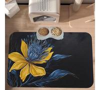 PLAGDECNA Absorbent Pet Feeding Mat, Large Dog & Cat Food Mat With Quick-Dry Pu Leather & Anti-Slip Base, Turquoise Blue Gold Flowers Pet Placemat For Water/Food Bowls & Automatic Feeders, 60x40cm