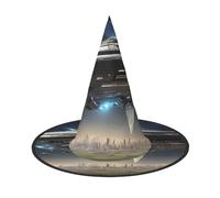 Plagdecna Adjustable Foldable Witch Hat For Women Adults Halloween Party Decoration, Ufo At Night Pointed Wizard Cap, Lightweight Costume Accessory For Cosplay Carnival, 3 Pcs