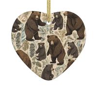 PLAGDECNA Christmas Ceramic Heart Ornament, Double-Sided Print Holiday Wall Hanging Decor For Tree/Xmas Decorations, Bear Deer Porcelain Keepsake With Gold String For Home & Store Displays