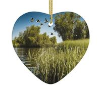 PLAGDECNA Christmas Ceramic Heart Ornament, Double-Sided Print Holiday Wall Hanging Decor For Tree/Xmas Decorations, Hunting Flying Wild Porcelain Keepsake With Gold String For Home & Store Displays