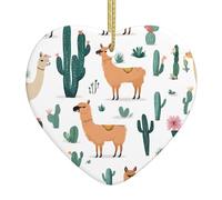 PLAGDECNA Christmas Ceramic Heart Ornament, Double-Sided Print Holiday Wall Hanging Decor For Tree/Xmas Decorations, Cute Alpaca Llama Porcelain Keepsake With Gold String For Home & Store Displays