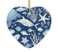 PLAGDECNA Christmas Ceramic Heart Ornament, Double-Sided Print Holiday Wall Hanging Decor For Tree/Xmas Decorations, Sea Animals Porcelain Keepsake With Gold String For Home & Store Displays