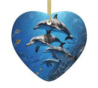 PLAGDECNA Christmas Ceramic Heart Ornament, Double-Sided Print Holiday Wall Hanging Decor For Tree/Xmas Decorations, Killer Whale Print Porcelain Keepsake With Gold String For Home & Store Displays