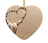 PLAGDECNA Christmas Ceramic Heart Ornament, Double-Sided Print Holiday Wall Hanging Decor For Tree/Xmas Decorations, Beach Sea Shell Sand Porcelain Keepsake With Gold String For Home & Store Displays