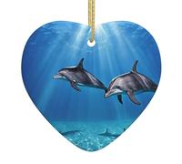 PLAGDECNA Christmas Ceramic Heart Ornament, Double-Sided Print Holiday Wall Hanging Decor For Tree/Xmas Decorations, Dolphins In The Sea Porcelain Keepsake With Gold String For Home & Store Displays