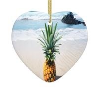 PLAGDECNA Christmas Ceramic Heart Ornament, Double-Sided Print Holiday Wall Hanging Decor For Tree/Xmas Decorations, Pineapple By The Sea Porcelain Keepsake With Gold String For Home & Store Displays