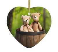 PLAGDECNA Christmas Ceramic Heart Ornament, Double-Sided Print Holiday Wall Hanging Decor For Tree/Xmas Decorations, Toy Cloth Bear Porcelain Keepsake With Gold String For Home & Store Displays