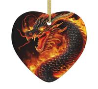 PLAGDECNA Christmas Ceramic Heart Ornament, Double-Sided Print Holiday Wall Hanging Decor For Tree/Xmas Decorations, Fire Chinese Dragon Porcelain Keepsake With Gold String For Home & Store Displays