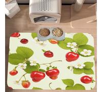 PLAGDECNA Premium Absorbent Pet Feeding Mat, Large Dog & Cat Food Mat With Quick-Dry Pu Leather & Anti-Slip Base, Strawberry Pattern Pet Placemat For Water/Food Bowls & Automatic Feeders, 60x40cm