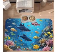 Plagdecna Premium Absorbent Pet Feeding Mat, Large Dog & Cat Food Mat With Quick-Dry Pu Leather & Anti-Slip Base, Blue Underwater Fish Pet Placemat For Water/Food Bowls & Automatic Feeders, 60x40cm