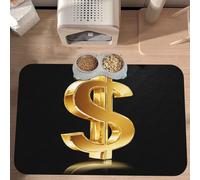 PLAGDECNA Premium Absorbent Pet Feeding Mat, Large Dog & Cat Food Mat With Quick-Dry Pu Leather & Anti-Slip Base, Gold Dollar Sign Print Pet Placemat For Water/Food Bowls & Automatic Feeders, 60x40cm