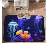 PLAGDECNA Premium Absorbent Pet Feeding Mat, Large Dog & Cat Food Mat With Quick-Dry Pu Leather & Anti-Slip Base, Colored Jellyfish Pet Placemat For Water/Food Bowls & Automatic Feeders, 60x40cm
