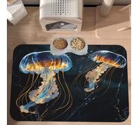 PLAGDECNA Premium Absorbent Pet Feeding Mat, Large Dog & Cat Food Mat With Quick-Dry Pu Leather & Anti-Slip Base, Blue And Gold Jellyfish Pet Placemat For Water/Food Bowls & Automatic Feeders, 60x40cm