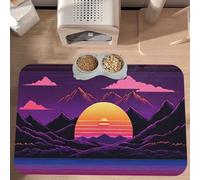 PLAGDECNA Premium Absorbent Pet Feeding Mat, Large Dog & Cat Food Mat With Quick-Dry Pu Leather & Anti-Slip Base, Retrowave Pictures Pet Placemat For Water/Food Bowls & Automatic Feeders, 60x40cm
