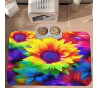 PLAGDECNA Premium Absorbent Pet Feeding Mat, Large Dog & Cat Food Mat With Quick-Dry Pu Leather & Anti-Slip Base, Sunflower Pet Placemat For Water/Food Bowls & Automatic Feeders, 60x40cm