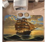PLAGDECNA Premium Absorbent Pet Feeding Mat, Large Dog & Cat Food Mat With Quick-Dry Pu Leather & Anti-Slip Base, Fantasy Pirate Ship Pet Placemat For Water/Food Bowls & Automatic Feeders, 60x40cm