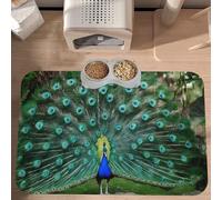 PLAGDECNA Premium Absorbent Pet Feeding Mat, Large Dog & Cat Food Mat With Quick-Dry Pu Leather & Anti-Slip Base, Green Peacock Feather Pet Placemat For Water/Food Bowls & Automatic Feeders, 60x40cm