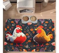Plagdecna Premium Absorbent Pet Feeding Mat, Large Dog & Cat Food Mat With Quick-Dry Pu Leather & Anti-Slip Base, Cute Rooster Chickens Pet Placemat For Water/Food Bowls & Automatic Feeders, 60x40cm