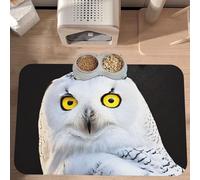 PLAGDECNA Premium Absorbent Pet Feeding Mat, Large Dog & Cat Food Mat With Quick-Dry Pu Leather & Anti-Slip Base, Snowy Owl Eyes Pet Placemat For Water/Food Bowls & Automatic Feeders, 60x40cm