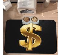 PLAGDECNA Premium Absorbent Pet Feeding Mat, Large Dog & Cat Food Mat With Quick-Dry Pu Leather & Anti-Slip Base, Gold Dollar Sign Pet Placemat For Water/Food Bowls & Automatic Feeders, 60x40cm