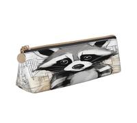 Plagdecna Triangular Pen Organizer for School Office Travel, Cute Raccoon Leather Pencil Case, Waterproof Pen Bag PVC Writing Accessories Holder, Compact Zippered Cosmetic & Art Supplies Pouch