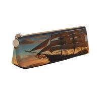 Plagdecna Triangular Pen Organizer for School Office Travel, Fantasy Pirate Ship Leather Pencil Case, Waterproof Pen Bag PVC Writing Accessories Holder, Compact Zippered Cosmetic & Art Supplies Pouch
