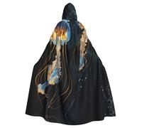 Plagdecna Unisex Long Hooded Cape For Adults, Blue And Gold Jellyfish, Halloween Costume Cape Poncho For Men & Women, Adult Fancy Dress Costume For Halloween, Witch Vampire Cosplay & Parties