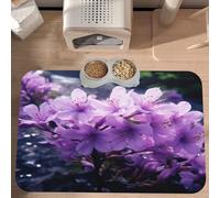 PLAGDECNA Waterproof Pet Feeding Mat, Non-Slip Dog Cat Bowl Mat, Blooming Purple Flowers Pet placemat, Absorbent Leather Diner Placemat for Food & Water, Easy-Clean, Indoor/Outdoor Use, 30x45cm