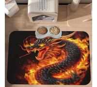 PLAGDECNA Waterproof Pet Feeding Mat, Non-Slip Dog Cat Bowl Mat, Fire Chinese Dragon Pet placemat, Absorbent Leather Diner Placemat for Food & Water, Easy-Clean, Indoor/Outdoor Use, 30x45cm