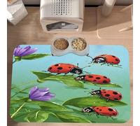 PLAGDECNA Waterproof Pet Feeding Mat, Non-Slip Dog Cat Bowl Mat, ladybug and green leaves Pet placemat, Absorbent Leather Diner Placemat for Food & Water, Easy-Clean, Indoor/Outdoor Use, 30x45cm