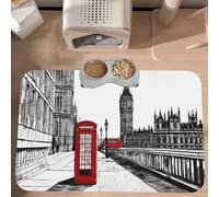 PLAGDECNA Waterproof Pet Feeding Mat, Non-Slip Dog Cat Bowl Mat, Red Phone Booth London Street Pet placemat, Absorbent Leather Diner Placemat for Food & Water, Easy-Clean, Indoor/Outdoor Use, 30x45cm