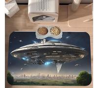 PLAGDECNA Waterproof Pet Feeding Mat, Non-Slip Dog Cat Bowl Mat, UFO at night Pet placemat, Absorbent Leather Diner Placemat for Food & Water, Easy-Clean, Indoor/Outdoor Use, 30x45cm