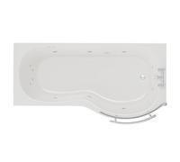 Plage 12 Jet Chrome Flat Jet Right Hand P Shape Whirlpool Shower Bath with Towel Rail Bath Screen and Front Bath Panel | White | Acrylic | 1700mm