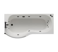 Plage 12 Jet Matt Black V-Tec Left Hand P Shaped Whirlpool Shower Bath with Bath Screen and Front Bath Panel | White | Acrylic | 1700mm