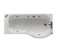 Plage 12 Jet Matt Black V-Tec Right Hand P Shaped Whirlpool Shower Bath with Bath Screen and Front Bath Panel | White | Acrylic | 1700mm