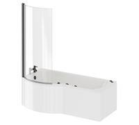 Plage 6 Jet Matt Black V-Tec Left Hand P Shaped Whirlpool Shower Bath with Bath Screen and Front Bath Panel | White | Acrylic | 1700mm