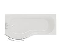 Plage Left Hand P Shaped Shower Bath with Towel Rail Bath Screen and Front Bath Panel | White | Acrylic | 1500mm