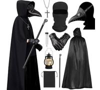 Plague Doctor Costume Adult, Leather Plague Doctor Mask with Black Cape Hooded Halloween Outfit Pouch Gloves Belt Cross Necklace Scepter Steampunk Fancy Dress Men Women Cosplay