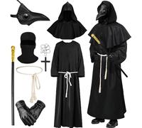 Plague Doctor Costume Adult, Plague Doctor Leather Mask with Black Cloak Halloween Outfit Gloves Belt Cross Necklace Scepter Steampunk Fancy Dress Up Men Women Cosplay Party Full Set (Black 1, L)