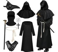 Plague Doctor Costume Adult, Plague Doctor Leather Mask with Black Cloak Halloween Outfit Gloves Belt Cross Necklace Scepter Steampunk Fancy Dress Up Men Women Cosplay Party Full Set (Black 1, XL)