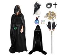 Plague Doctor Costume, Leather Plague Doctor Mask Long Nose Bird Beak Steampunk Masks Hooded Cloak Cross Necklace Scepter Gloves Steampunk Gears Potion Bottle Belt for Halloween Party Carnival Cosplay